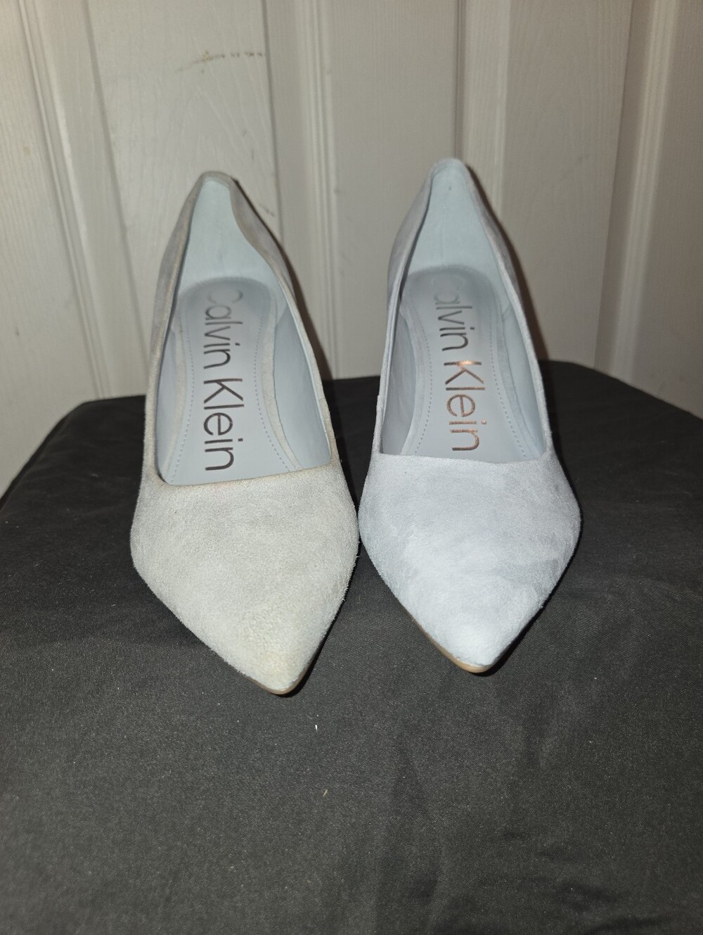 Calvin Klein Women's Pointed Suede Pumps in Light Gray and Off-White